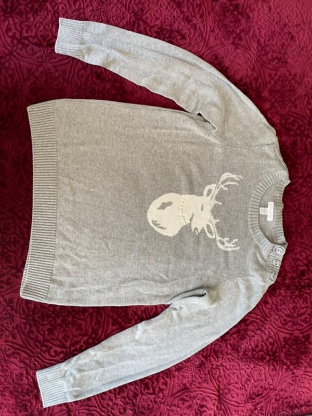 NEW Charter Club Deer Sweater Womens S Silver Faux Pearl Reindeer Crewneck Knit